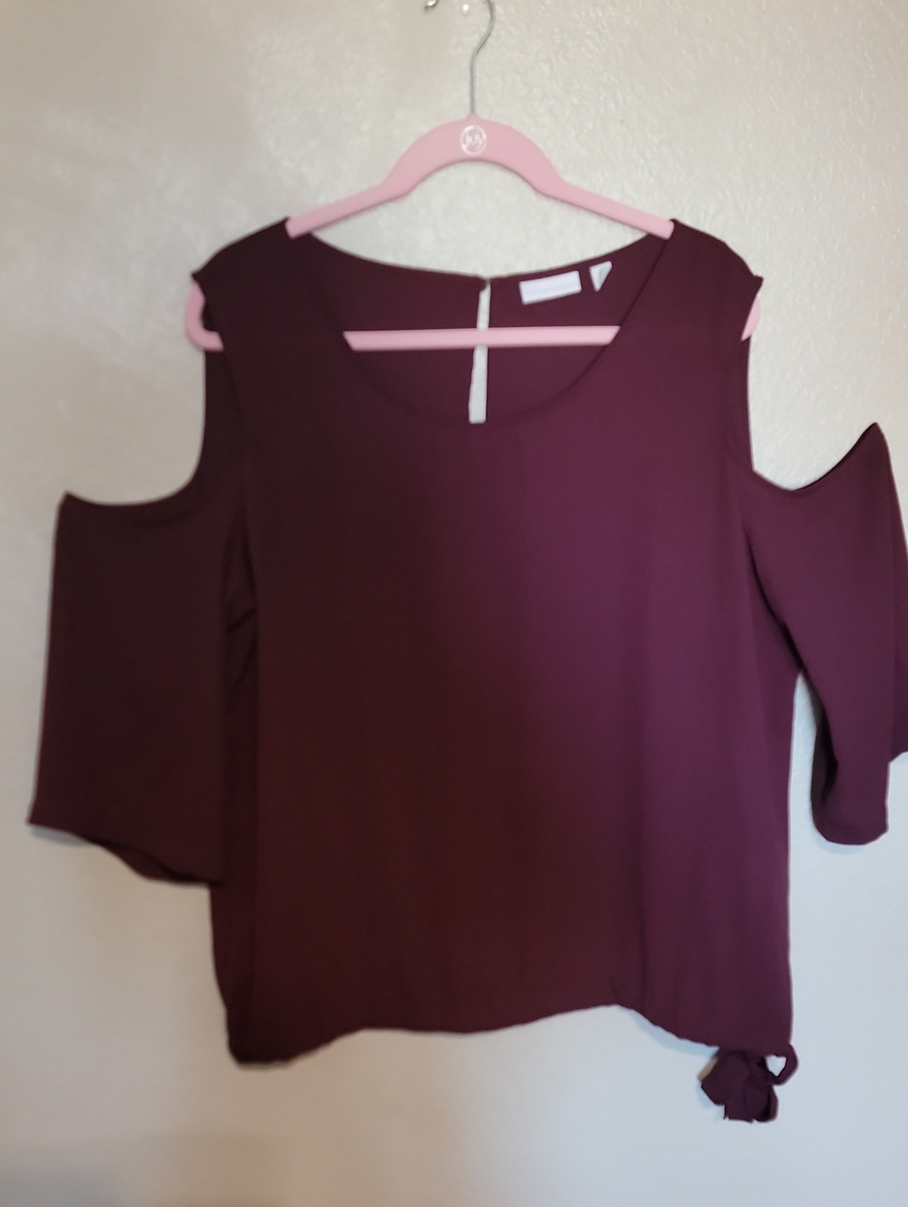 New York & Company Burgundy Cold-Shoulder Tie-Hem Blouse